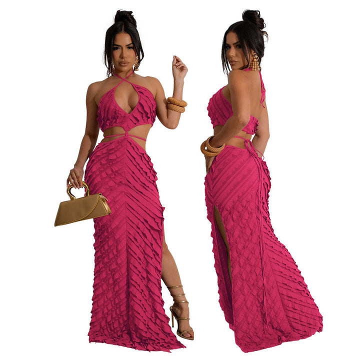 Women Clothing Small Louver Sexy Halter Lace Up Slim Fit Hollow Out Cutout Dress