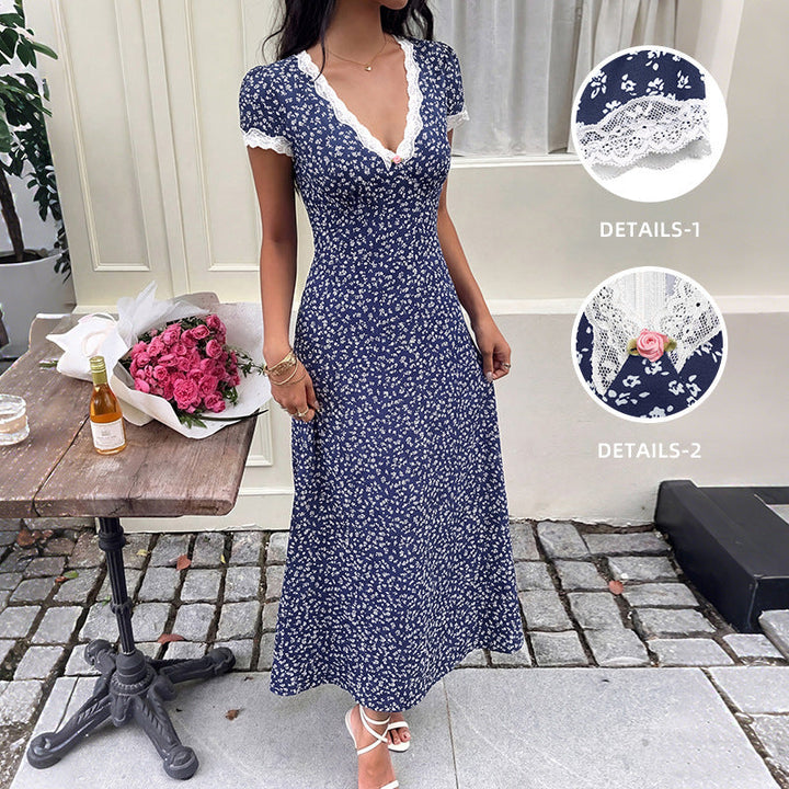 Sweet Vacation Lace V neck Patchwork Short Sleeve Floral Dress