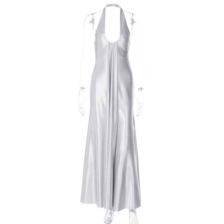 Spring Summer Women Clothing Solid Color Elegant U Collar Halter Backless Slim Dress