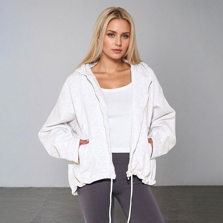 Women Casual Hooded Zipper Polyester Knitted Women Casual Solid Color Original Coat