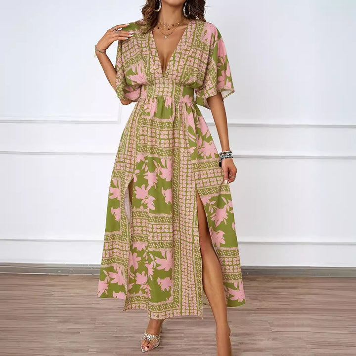 Summer Sexy V neck Short Sleeve Waist Controlled Printed Dress for Women