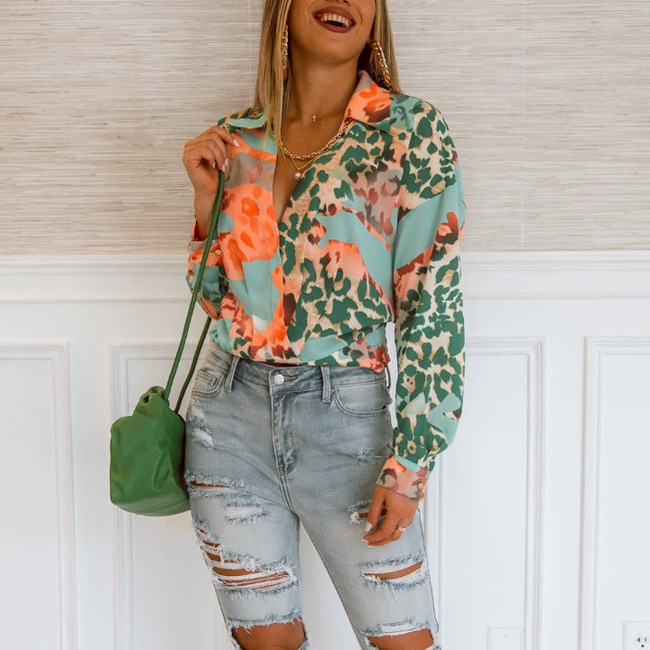 Women Clothing Figure Shirt Autumn Winter Long Sleeve Ladies Printed Shirt