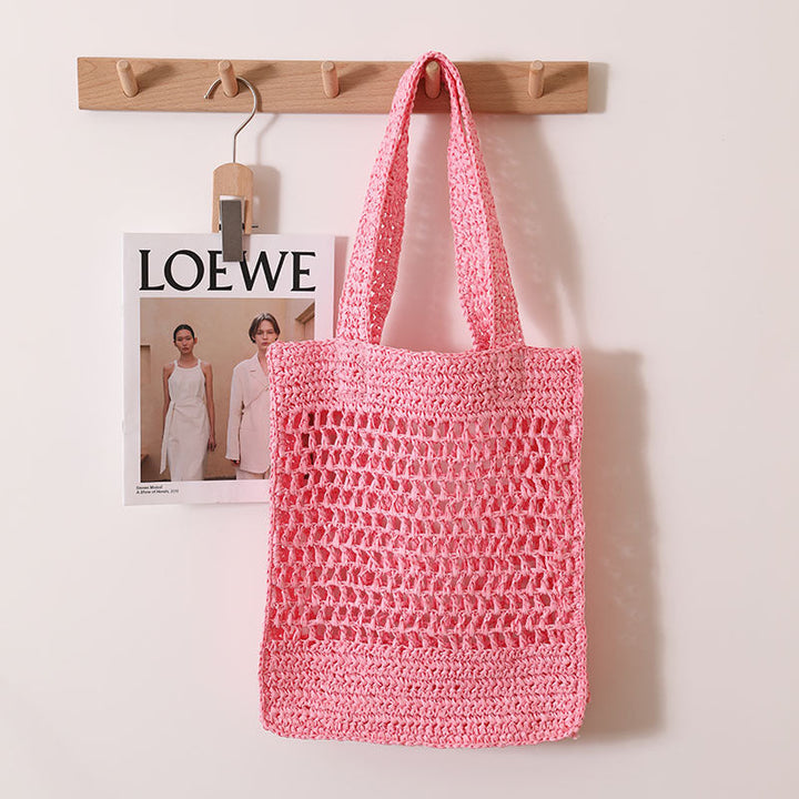 Solid Color Hollow Out Cutout Shoulder Straw Bag Korean Woven Tote Fishing Net Bag Seaside Vacation Beach Bag