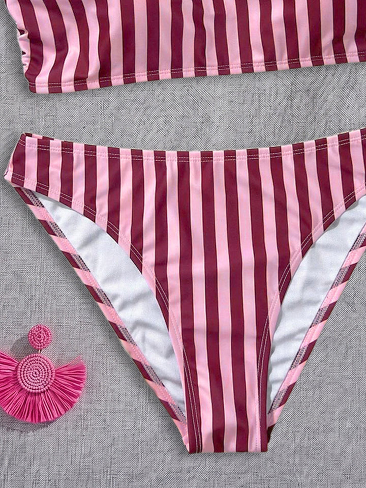 Bikini Pink Striped One Shoulder Tube Top Bikini Sexy Backless Low Waist Split Swimsuit