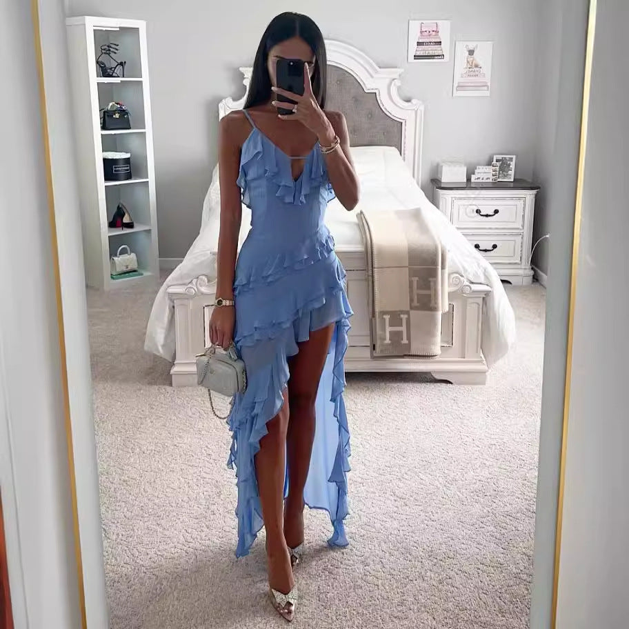 Sexy Sling Irregular Asymmetric Solid Color Dress