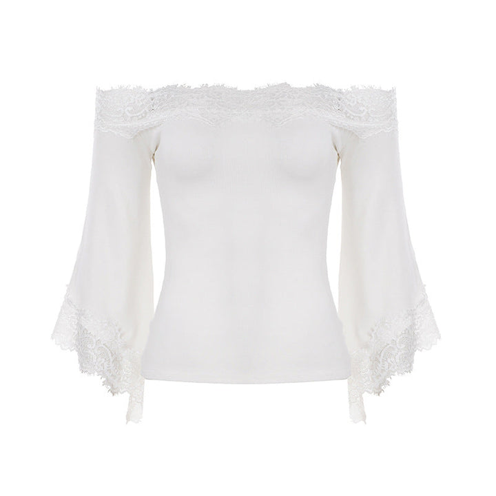 Sexy Lace Patchwork Flared Sleeves off Shoulder Top Women Elegant Solid Color T shirt