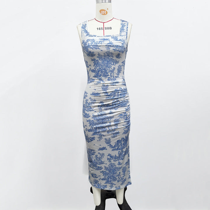 Summer Fresh Maxi Dress Square Collar Slimming Side Slit Sling Dress