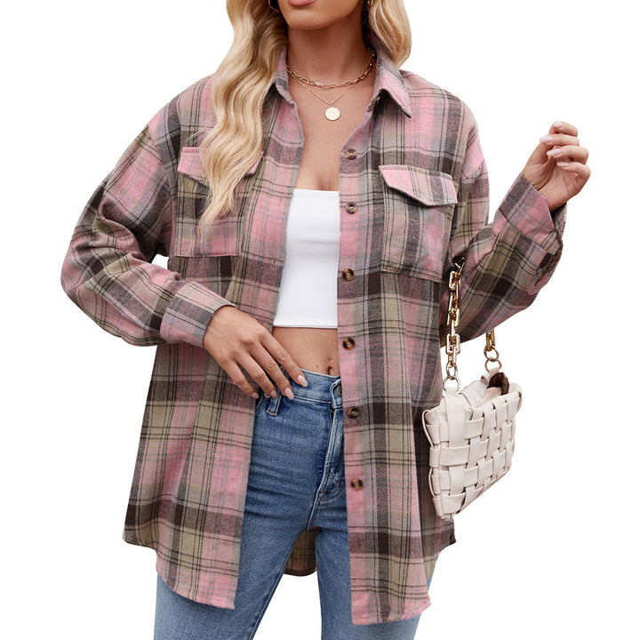 Autumn Winter Women Clothing Casual Loose Plaid Pocket Shirt for Women