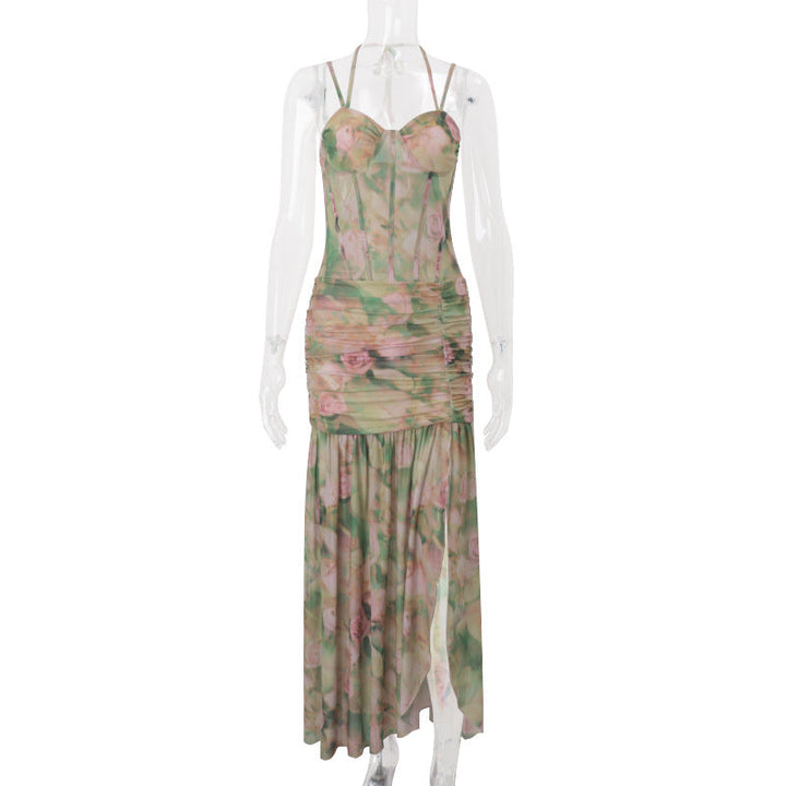 Women Clothing Summer Sexy Spaghetti Strap Floral Print Vacation Beach High Waist Slimming Slit Dress Women