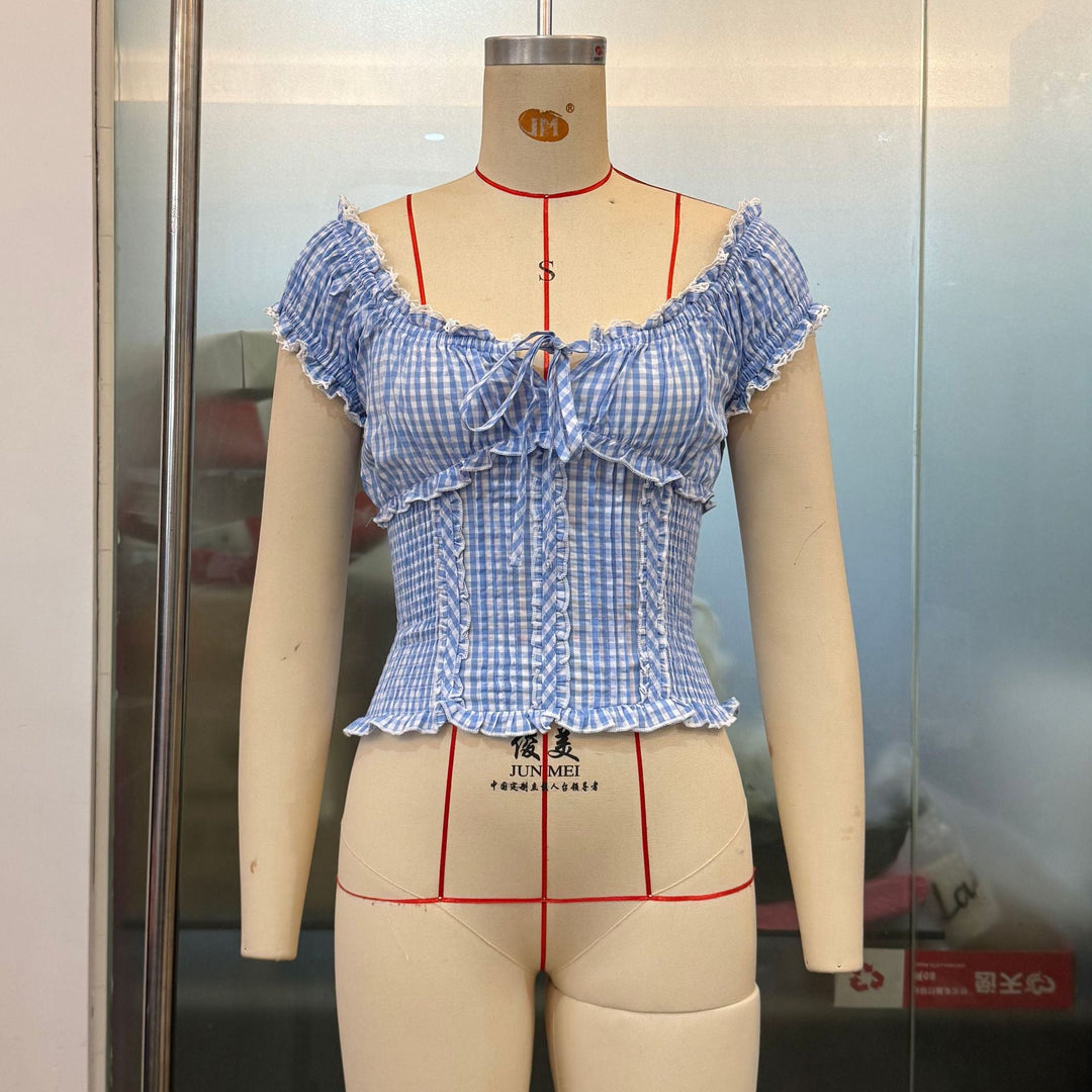 Summer Women Clothing French Plaid Sweet Pure Want Lace Edge Puff Sleeve Short Top