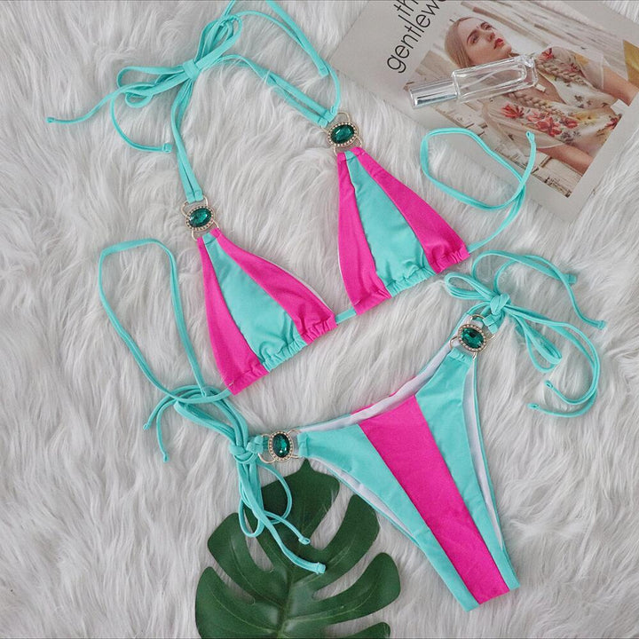 Sexy Crystal Diamond Bikini Solid Color Patchwork Bandage Swimsuit Vacation Split Women Swimsuit