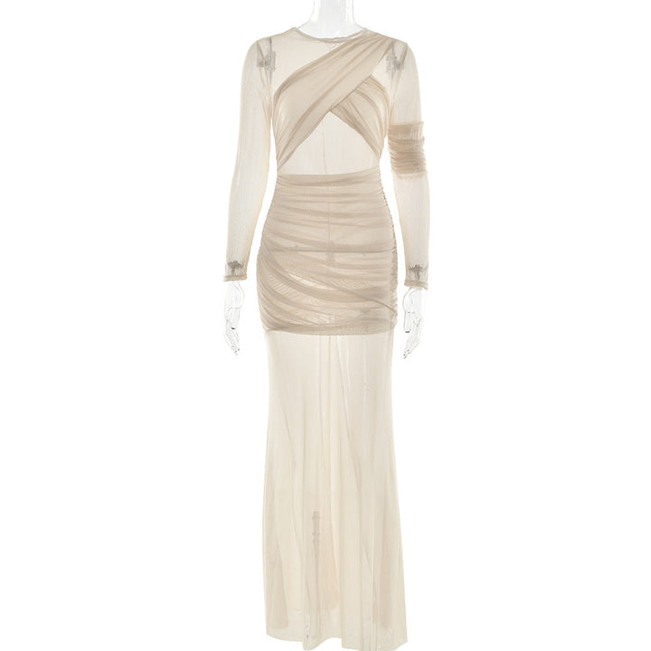 Sexy Mesh See through Maxi Dress Long Sleeve Sexy Pleated Slim Fit Dress