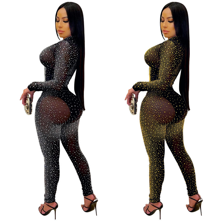 Women Clothing Sexy Tight Mesh See-through Long Sleeve Rhinestone Two-Piece Set Blouse Pants Women
