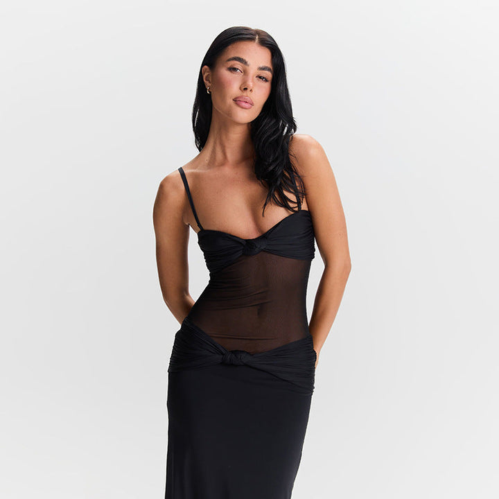 Women Clothing Detachable Shoulder Strap Twist Mesh Slim Fit Dress