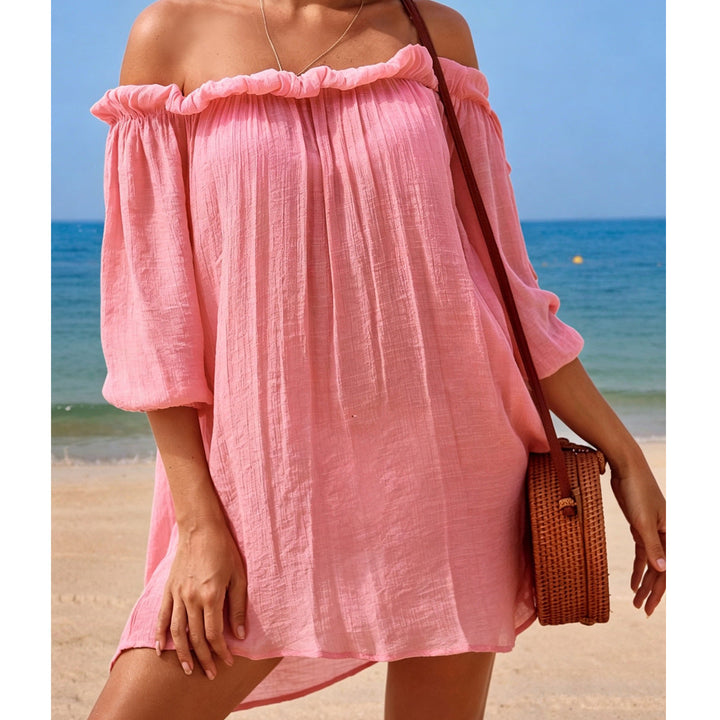 Summer off Shoulder Dress Loose Cotton Wrinkle Beach Cover up Seaside Vacation Half Sleeve Short Dress for Women