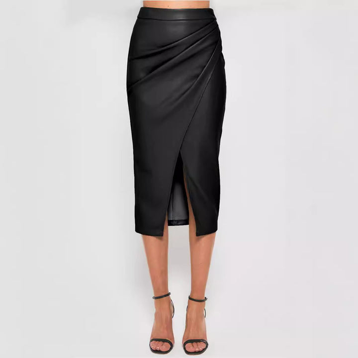 Women Clothing Faux Leather Split Skirt Autumn Winter High Waist Zipper Heap Pleated Leather Skirt Sexy Hip Skirt