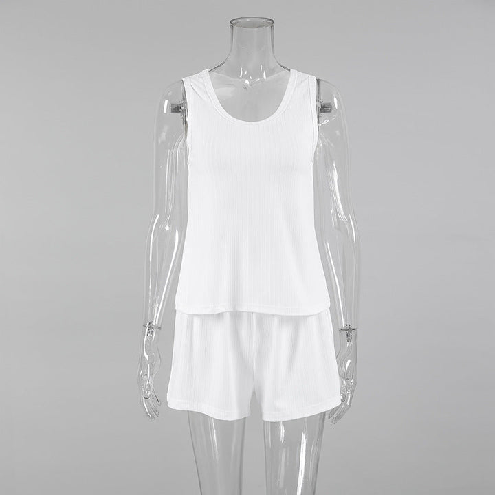 Spring Knitted Sunken Stripe Ladies Homewear Vest Shorts Two Piece Set Casual Soft Simple Pajamas