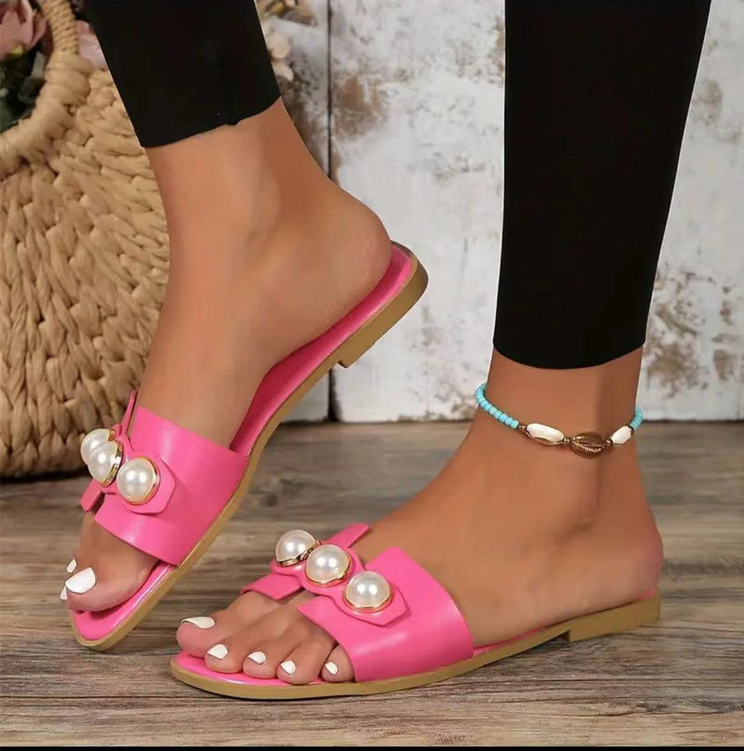 Pearl Flat Slippers Women Lightweight Low Heel Outerwear Beach Slippers Supply