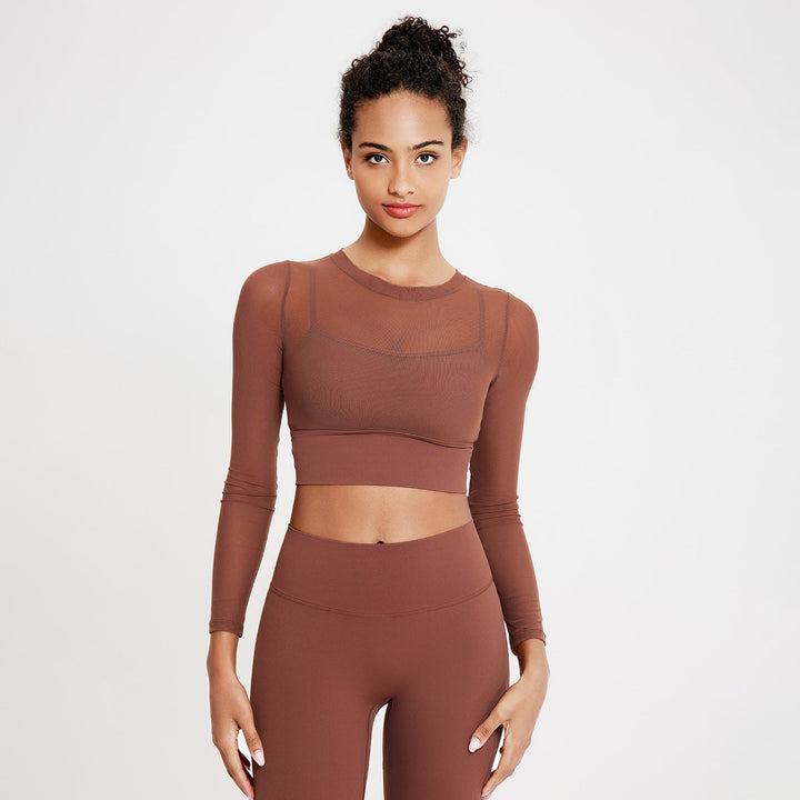 Sexy Mesh round Neck Yoga Clothes Long Sleeve Running Quick Drying Sports Bra One Piece Cup Workout Clothes Top