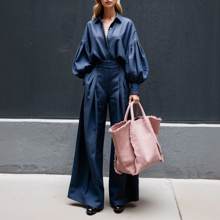 Autumn Solid Color Long Sleeved Shirt Wide Leg Pants Cotton Linen Two Piece Sets
