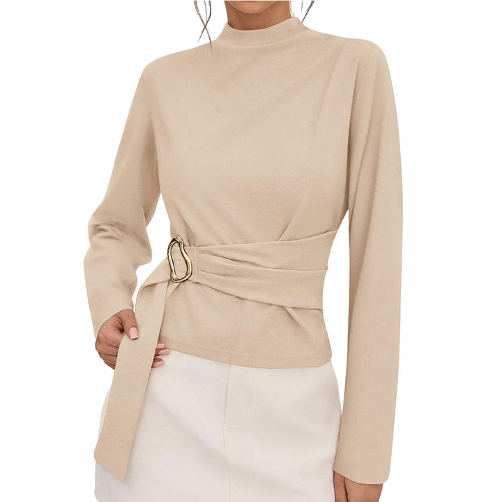 Women Office Solid Color Long Sleeve Belt Buckle Decorative Top