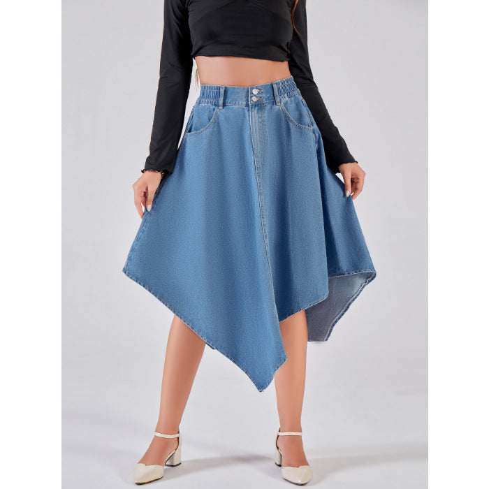 Blue Umbrella Skirt Irregular Asymmetric Skirt Slimming Women Mid Length Denim Skirt