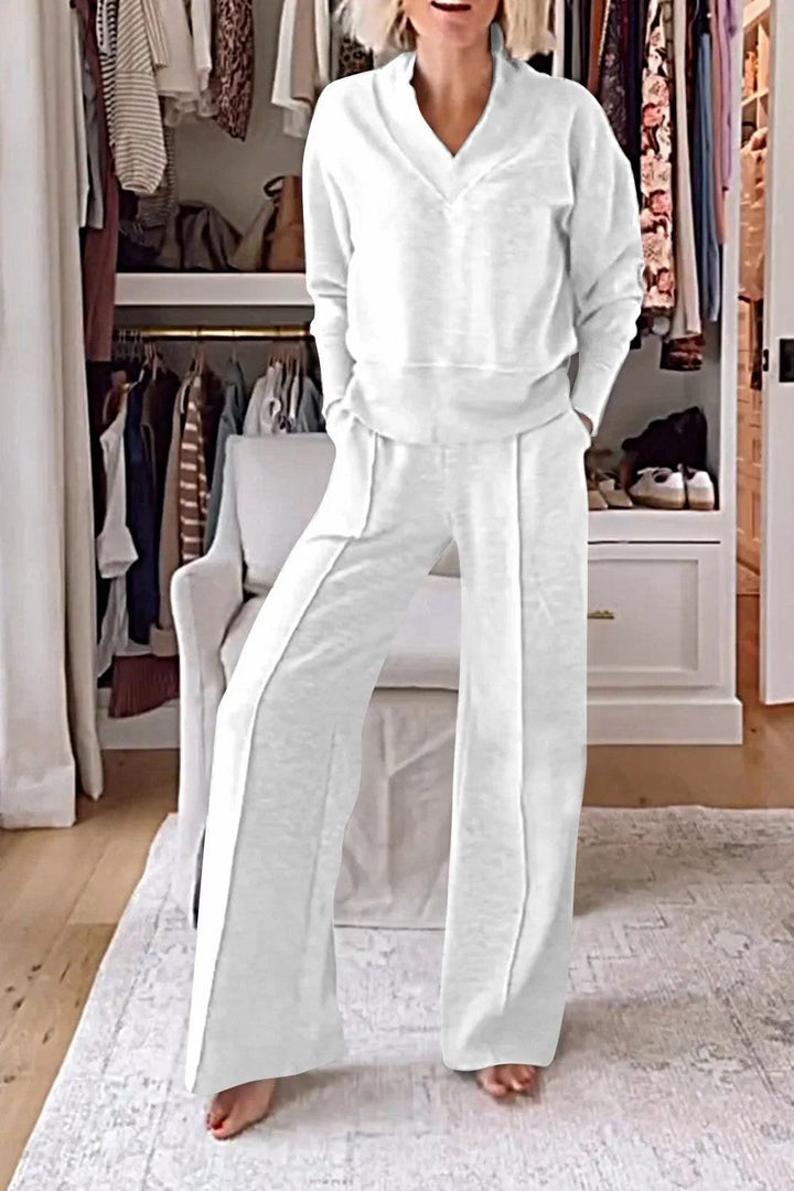 Autumn Casual V neck Long Sleeve Loose Top Wide Leg Pants Two Piece Set