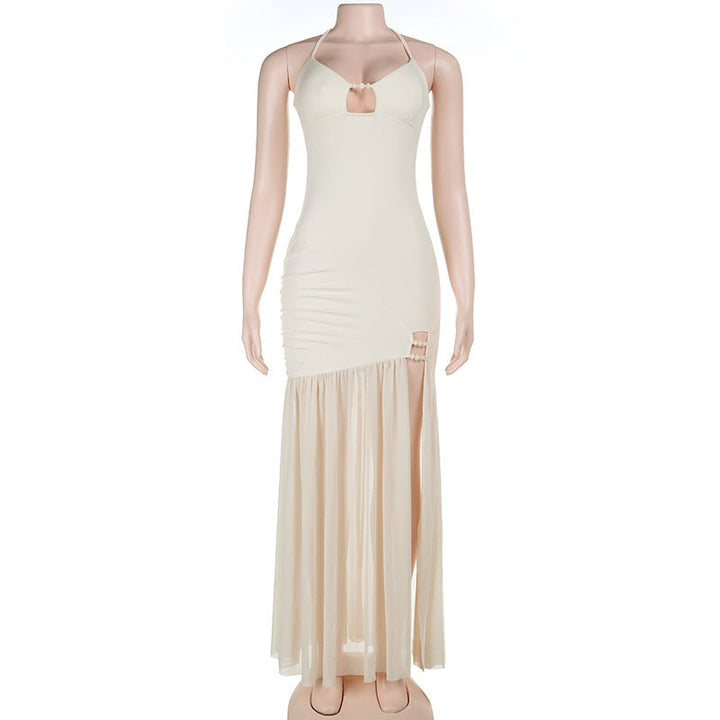 Spring Sexy Beads Decorative Mesh Splicing Sling Dress