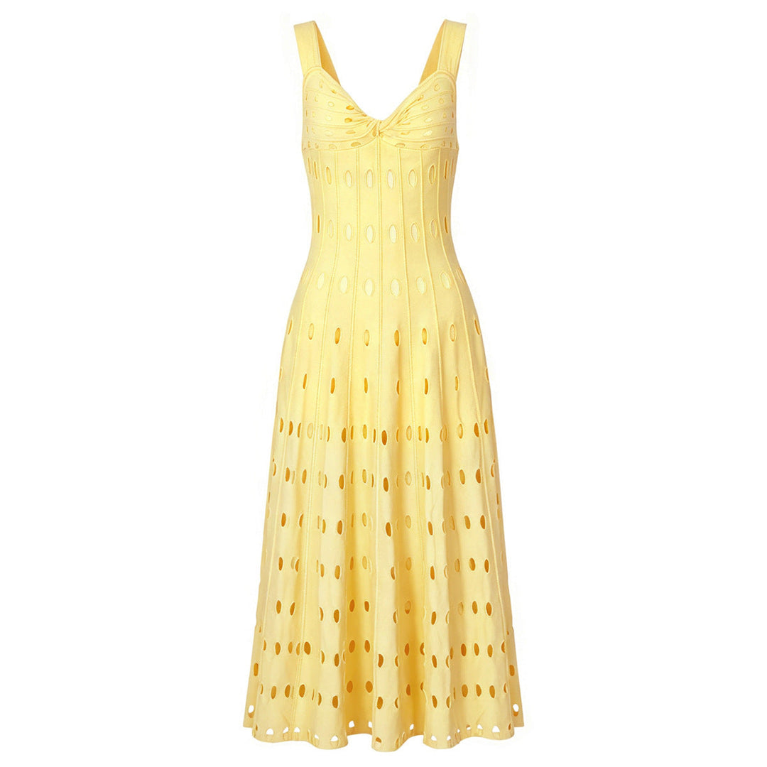 Summer Sleeveless V neck Knitted All Matching Slim Fit Figure Flattering Sleeveless Sling Mid Length Dress
