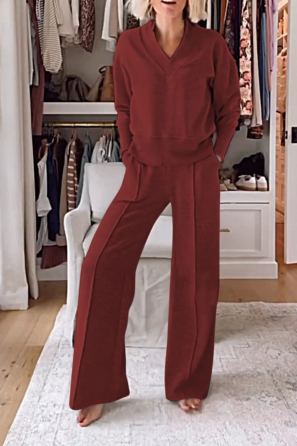 Autumn Casual V neck Long Sleeve Loose Top Wide Leg Pants Two Piece Set