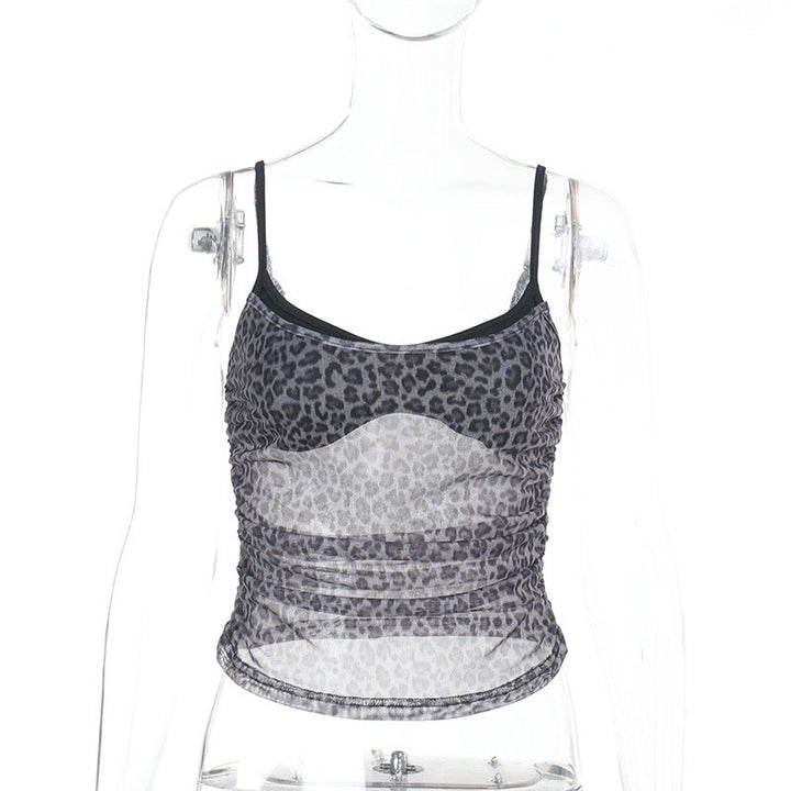 Summer Sexy Mesh Leopard Print Faux Two Pieces Spaghetti Strap Camisole Top