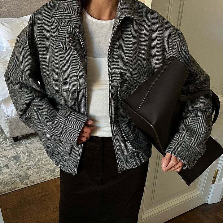 Herringbone Pattern Stand Collar Jacket Autumn Winter Zipper with Pocket Top Loose Woolen Coat