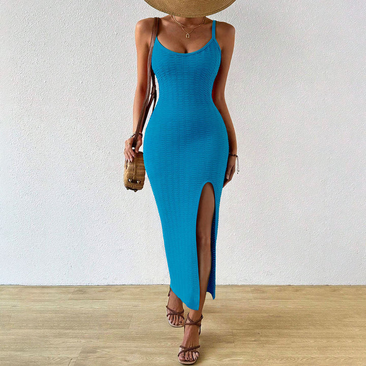 Vacation Beach Dress Women Summer Sexy Package Hip Slit Knitted Sling Midi Dress