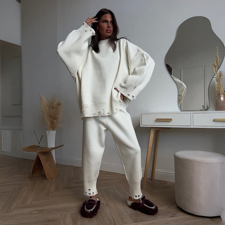 Ripped Sweater Women Autumn Winter Knitted Ankle Tight Pants Turtleneck Sweater Set