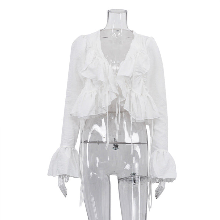 Women Clothing Spring Ruffled Flare Sleeve Tie Neck Top All Matching Shirt