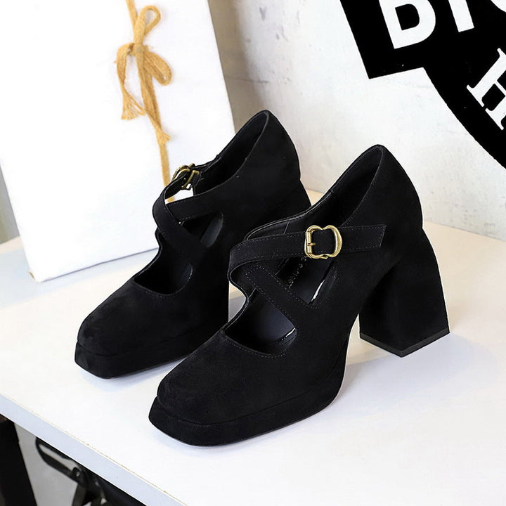 Retro Women Shoes Chunky Heel High Heel Waterproof Platform Low Cut Square Toe Cross Suede Leopard Print Pumps