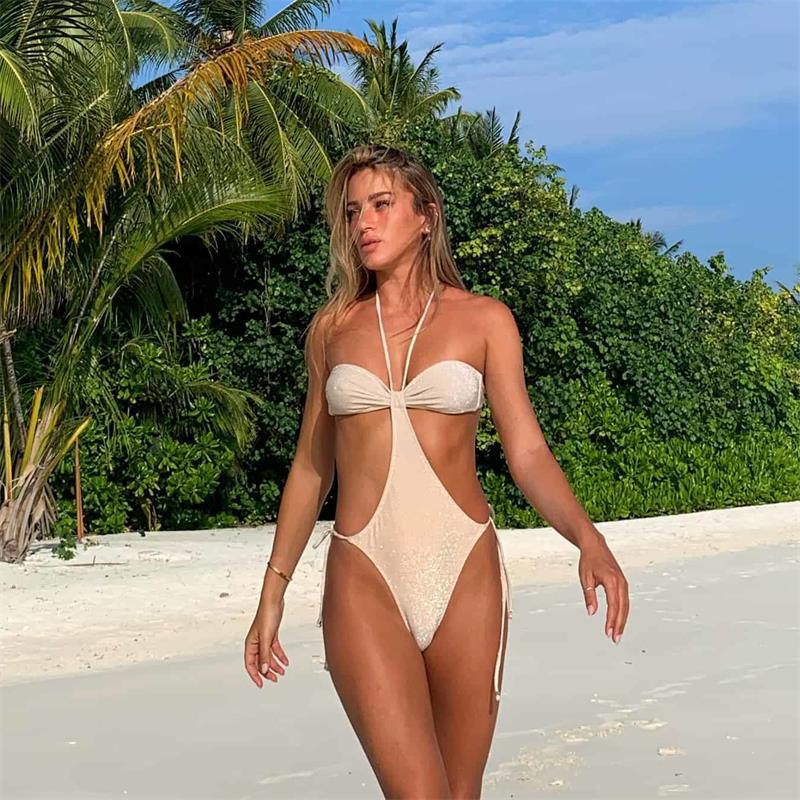 Sexy Lace Up One Piece Swimsuit Women Halter Design Swimsuit