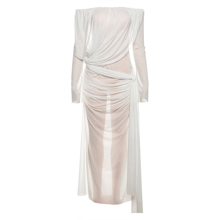 Spring Summer Women Clothing Sexy Mesh Solid Color off Shoulder Sheer Long Sleeve Dress Women