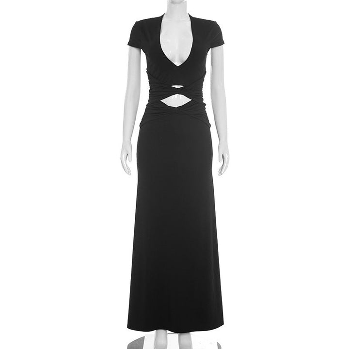 Women Clothing Autumn Solid Color Casual Short Sleeve Hollow Out Cutout Out Deep V Bare Cropped Slim Fit Maxi Dress
