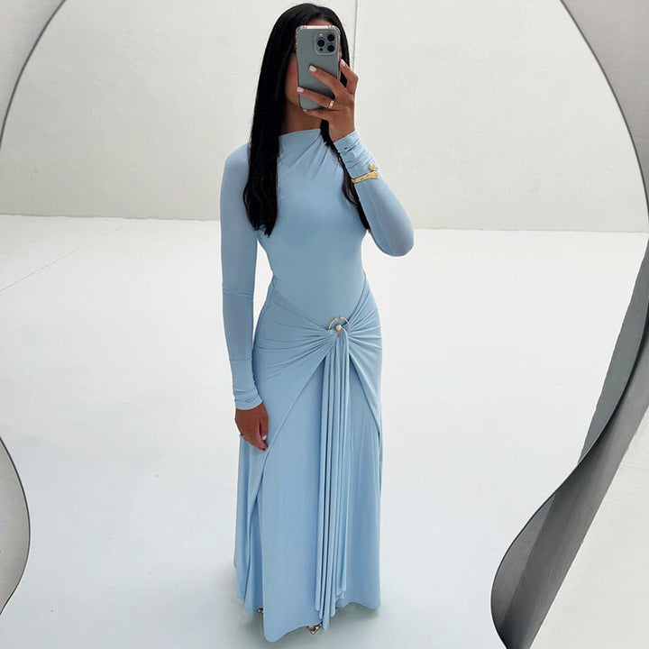 Summer Women Clothes Elegant Decorative Buckle Solid Color Long Sleeve Narrow Tight Strap Dress