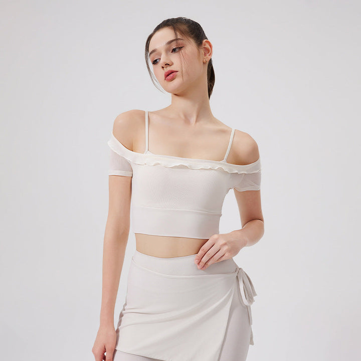 Sexy Lace Mesh Yoga Clothes Short Sleeve Running Quick Drying Sports Bra with Chest Pad One Piece Cup Workout Clothes