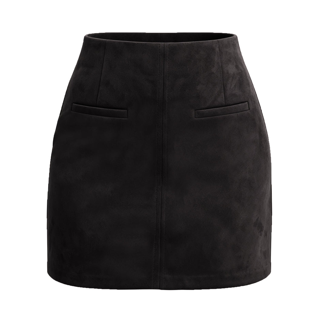 Autumn Winter Women Suede Pocket Skirt High Waist Zipper Solid Color Mini Skirt