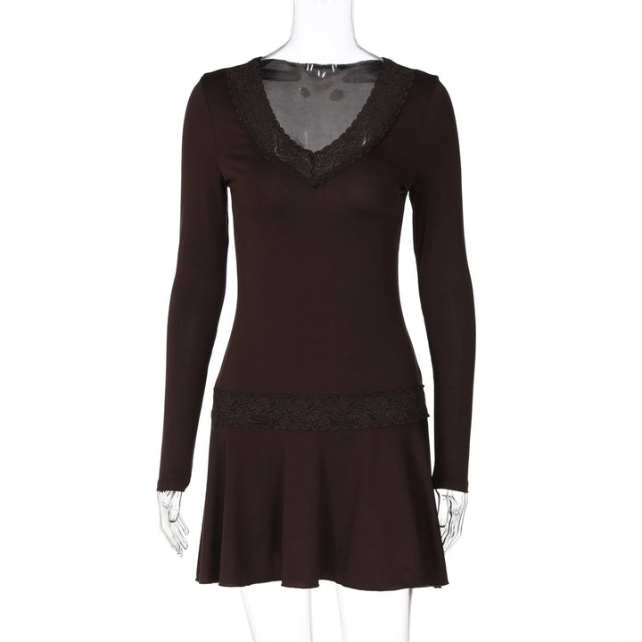 Women Clothing Summer Solid Color Long Sleeve Short Dress Lace Slim Dress