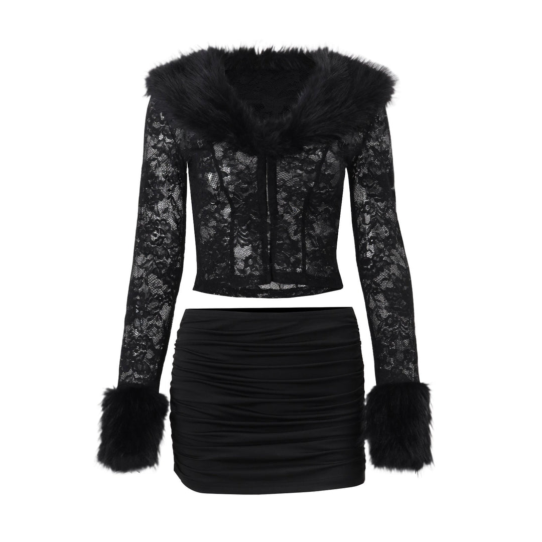 Women Clothing Autumn Winter Street Lace Plush Long Sleeved Top Sexy Skirt Set