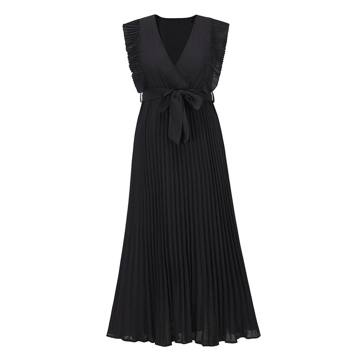Elegant Beach Dress Fashionable Slim Fit Sexy Ruffle Sleeve Chiffon Pleated Solid Color Dress