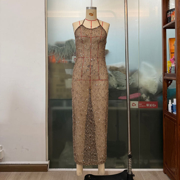 French Sequined Sexy Evening Party Slim Strap Women Micro Revealed Back Maxi Dress