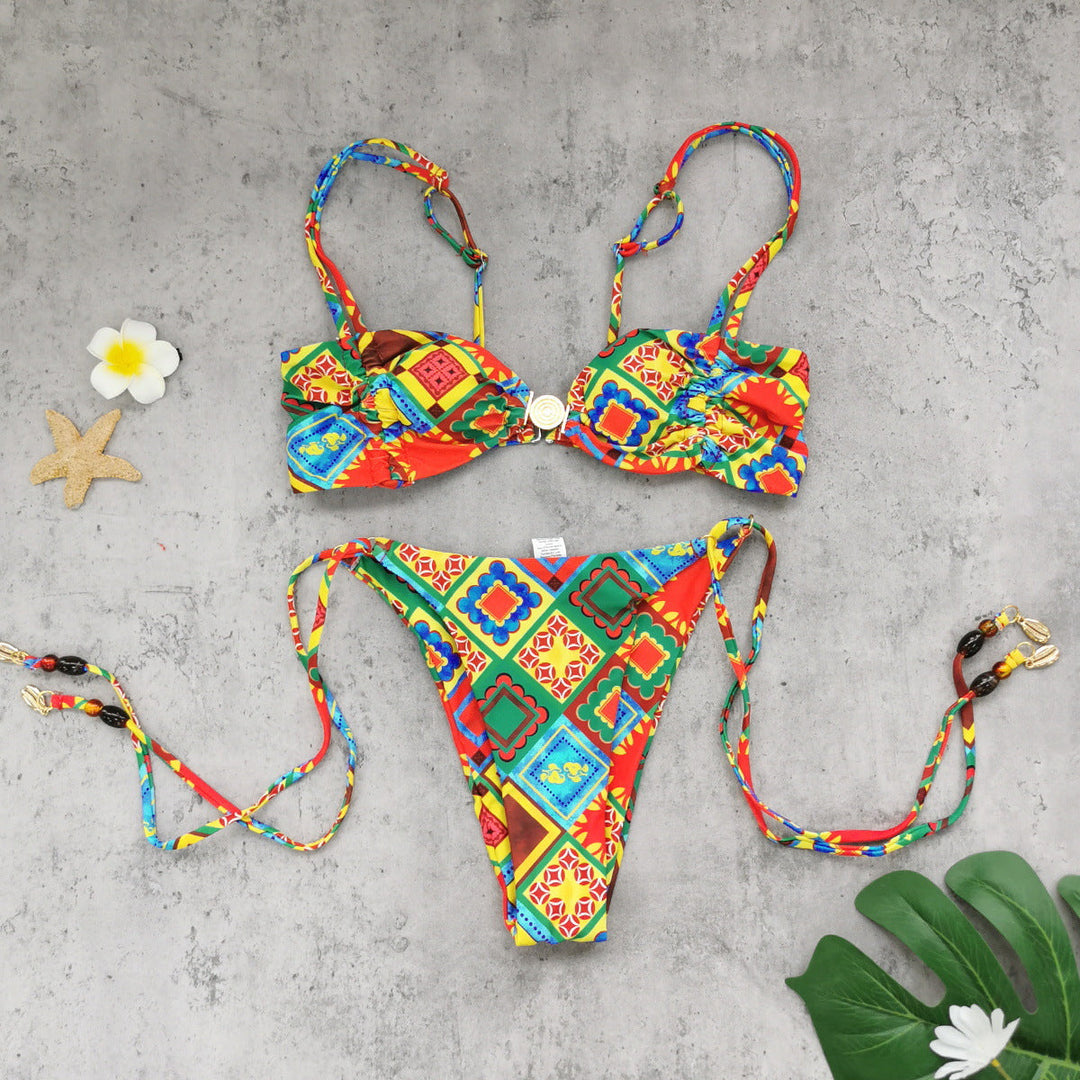 Tube Top Low Waist Three Point Bikini Sexy Backless Lace up Printed Split Swimsuit Women Bikini