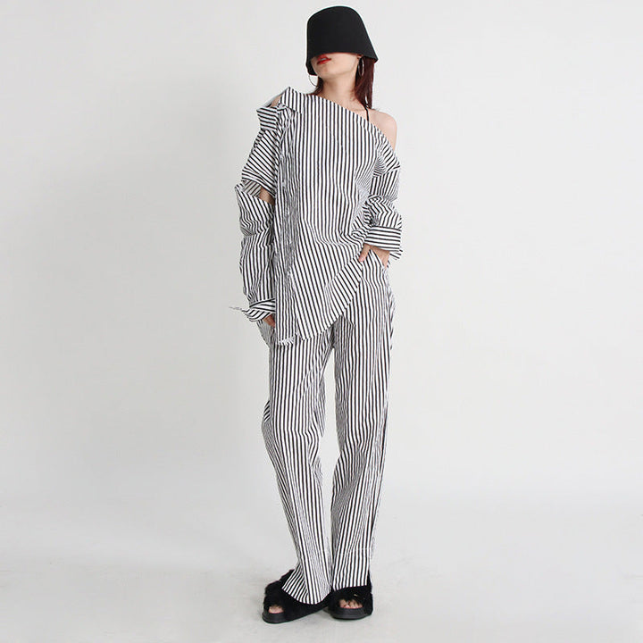 Urban Casual Simple Autumn Irregular Asymmetric Multi Way Shirt Mid Waist Straight Trousers Striped Set