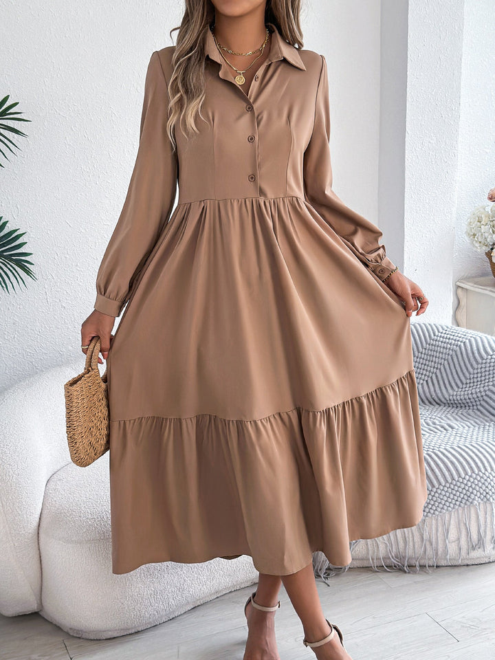Autumn Winter Collared Casual Loose Long Sleeve Ruffled Shirt Dress Women Clothing