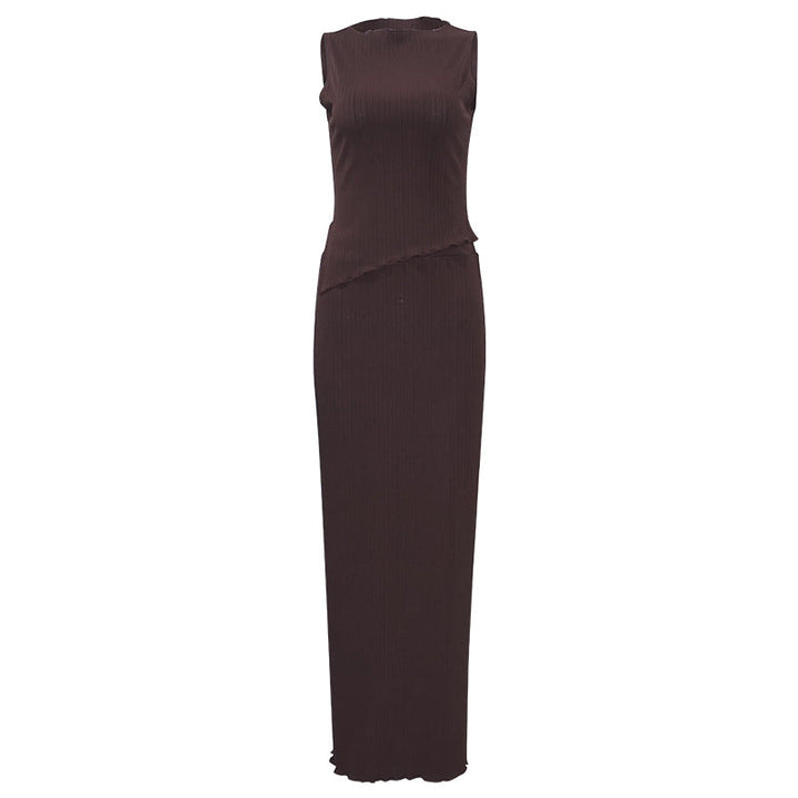Summer Solid Color round Neck Unrepaired Irregular Asymmetric Top High Waist Dress Slim Fit Two Piece Sets